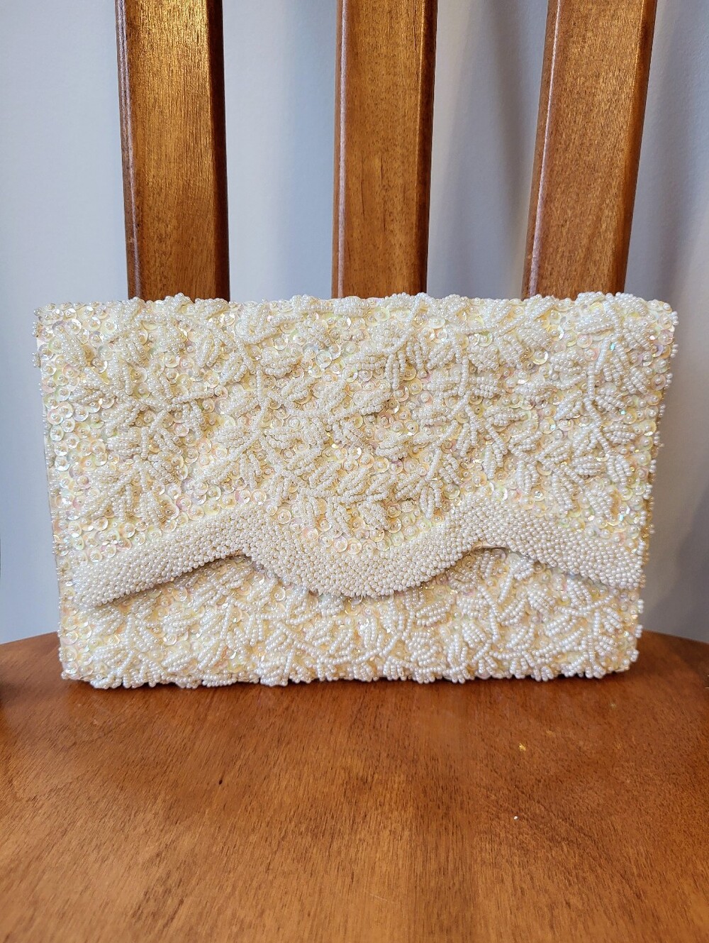 Vintage 50s 60s Bridal Wedding Beaded Clutch Satin Evening Bag